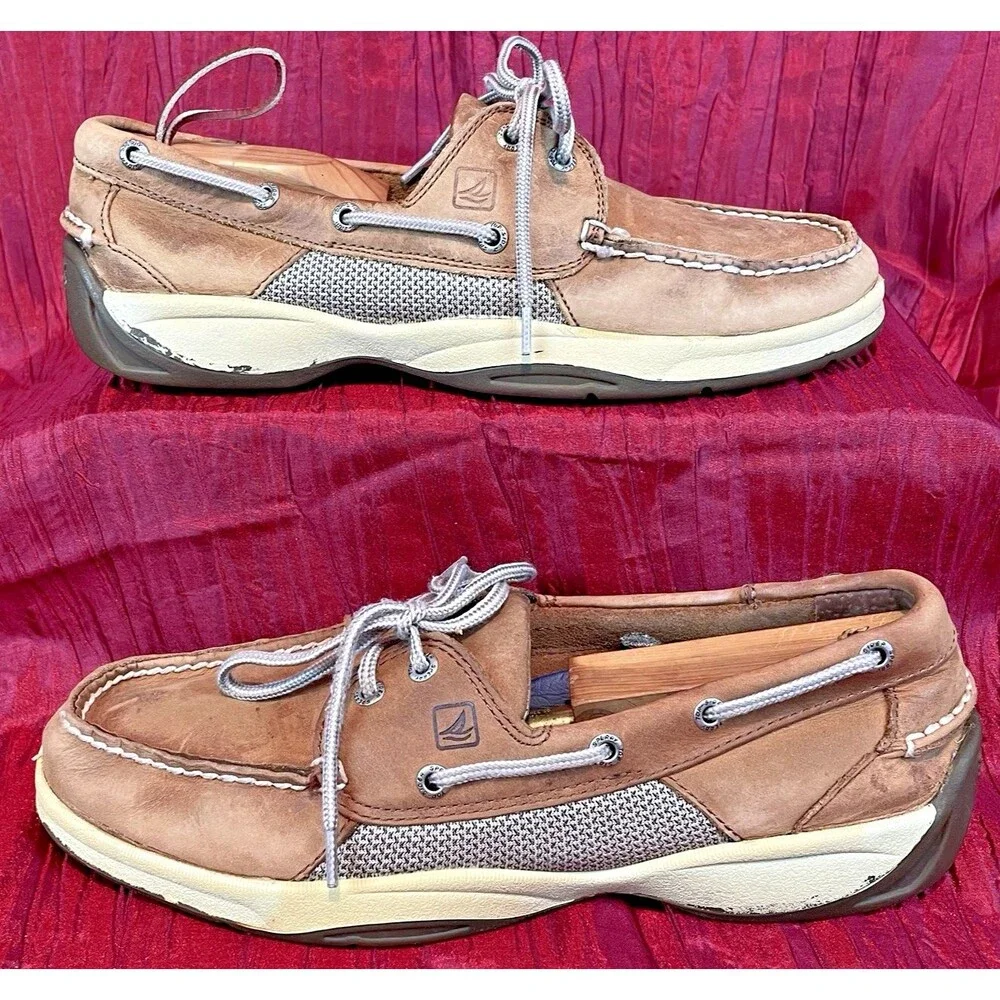 Mens Sperry Top-Sider Marlin Tan Leather Mesh Boat Deck Shoes sz 10M
